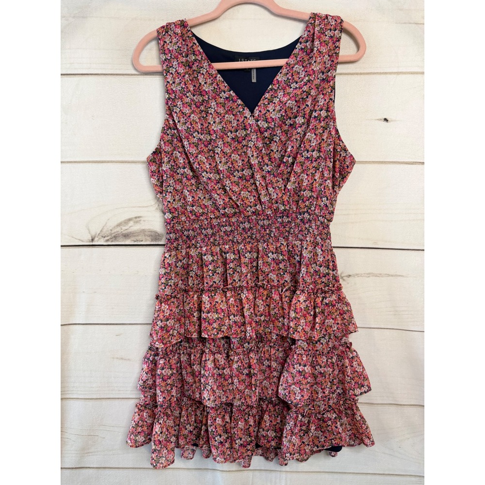 1.STATE Womens‎ Floral Smocked Waist Tiered Ruffle Mini Dress Pink Navy Large